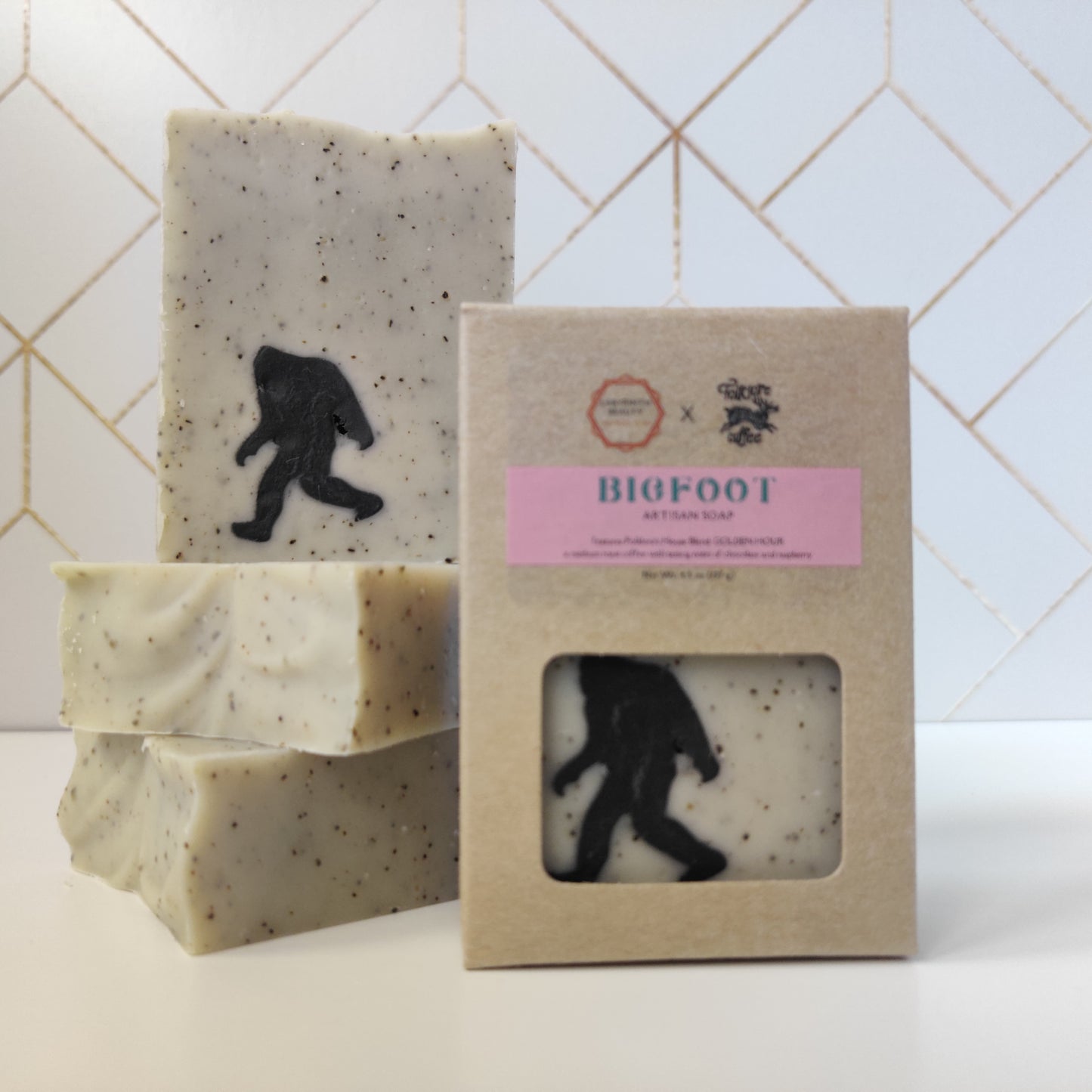 Bigfoot soap stacked and showing packaging box