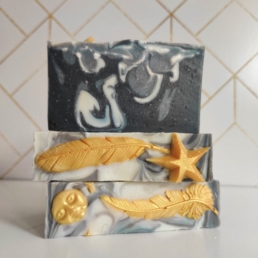 Goblin King Soap Stack Activated Charcoal Indigo Powder Swirl Gold Feather Star and Moon Accents